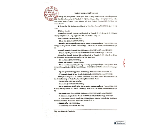 Thông báo đấu giá Danh mục tài sản của Ngân hàng TMCP Quốc tế Việt Nam (VIB)