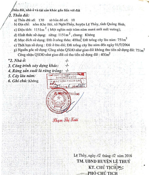 Quyền sử dụng đất, quyền sở hữu nhà ở và tài sản khác gắn liền với đất thuộc thửa đất số 130, tờ bản đồ số 10, diện tích 1.151m2 tại địa chỉ: Xóm Khe Bùi, xã Ngân Thuỷ, huyện Lệ Thuỷ, tỉnh Quảng Bình (nay là xã Kim Ngân, tỉnh Quảng Trị)