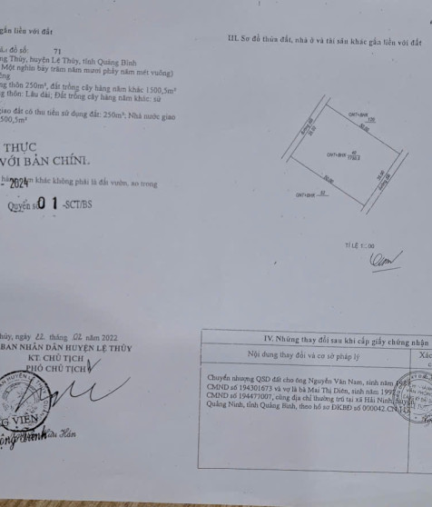 Quyền sử dụng đất, quyền sở hữu nhà ở và tài sản khác gắn liền với đất tại thửa đất số 40, tờ bản đồ số 71, diện tích 1750,5m2, địa chỉ: Thôn Mốc Định, xã Hồng Thuỷ, huyện Lệ Thuỷ, tỉnh Quảng Bình (Đấu giá lần 2)
