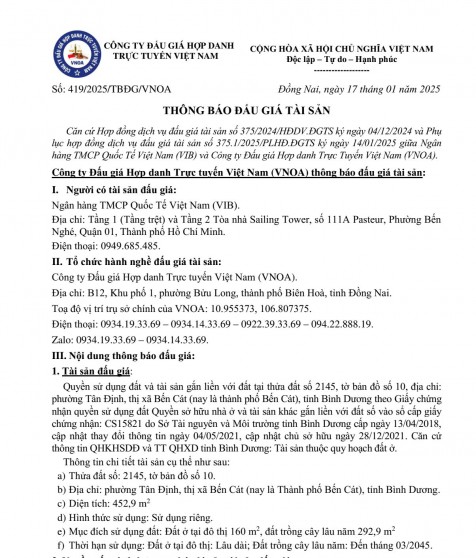 Thông báo đấu giá tài sản số 419/2025/TBĐG/VNOA, ngày 17/01/2025 của Công ty Đấu giá Hợp danh Trực tuyến Việt Nam (VNOA)