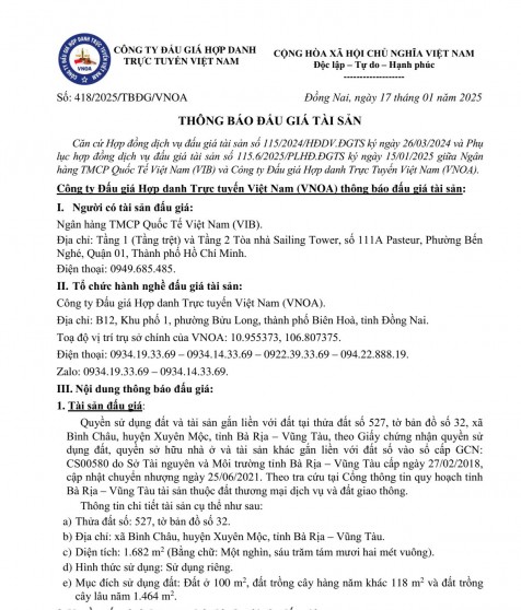 Thông báo đấu giá tài sản số 418/2025/TBĐG/VNOA, ngày 17/01/2025 của Công ty Đấu giá Hợp danh Trực tuyến Việt Nam (VNOA)